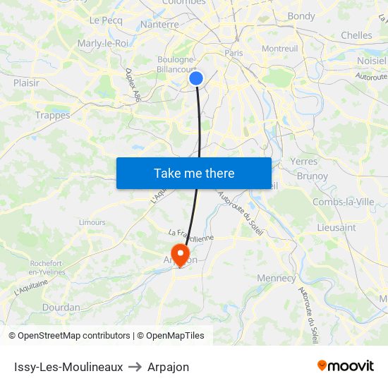 Issy-Les-Moulineaux to Arpajon map