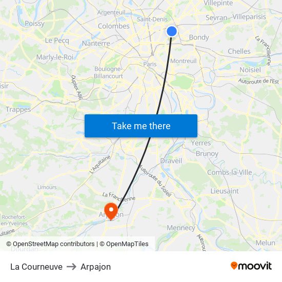 La Courneuve to Arpajon map