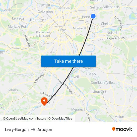 Livry-Gargan to Arpajon map
