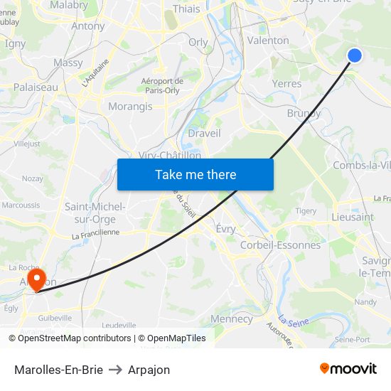 Marolles-En-Brie to Arpajon map