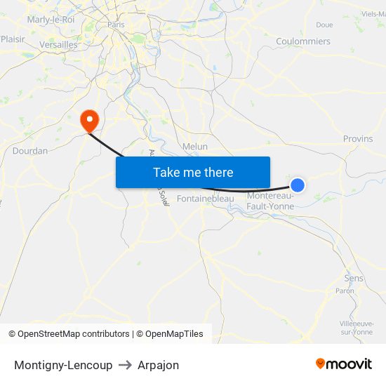 Montigny-Lencoup to Arpajon map