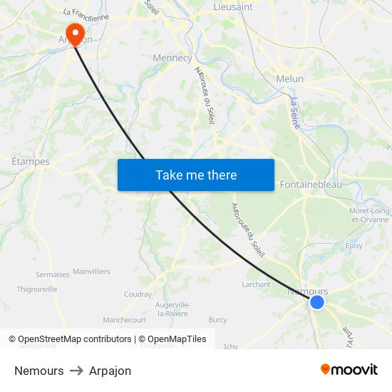 Nemours to Arpajon map
