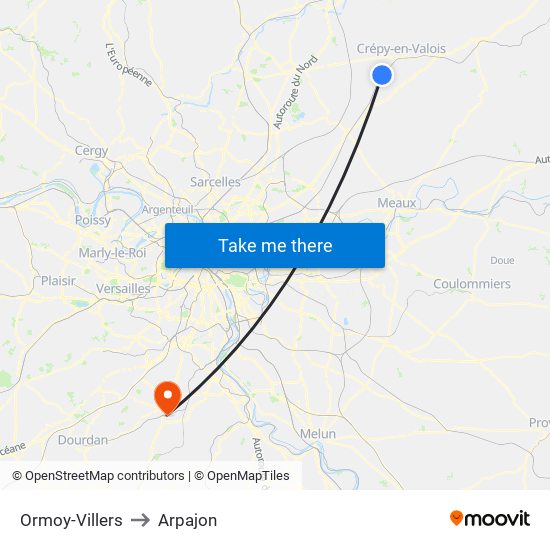 Ormoy-Villers to Arpajon map