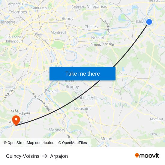 Quincy-Voisins to Arpajon map