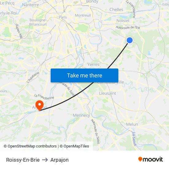 Roissy-En-Brie to Arpajon map