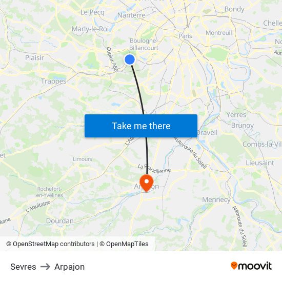Sevres to Arpajon map