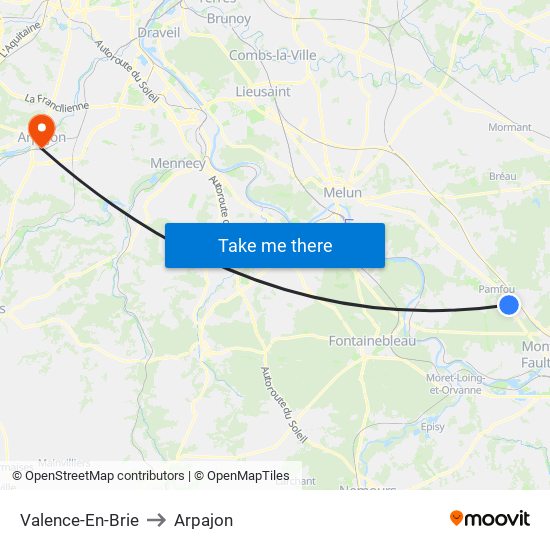 Valence-En-Brie to Arpajon map