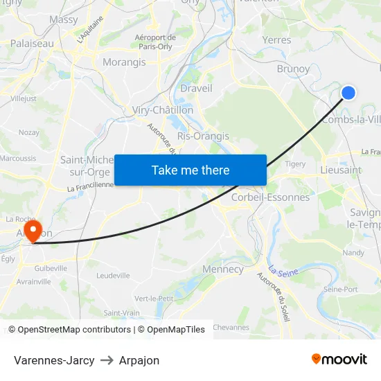Varennes-Jarcy to Arpajon map