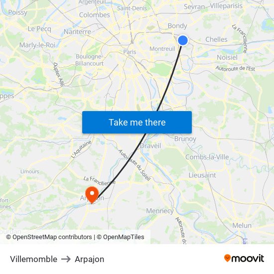 Villemomble to Arpajon map