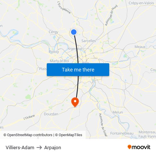 Villiers-Adam to Arpajon map