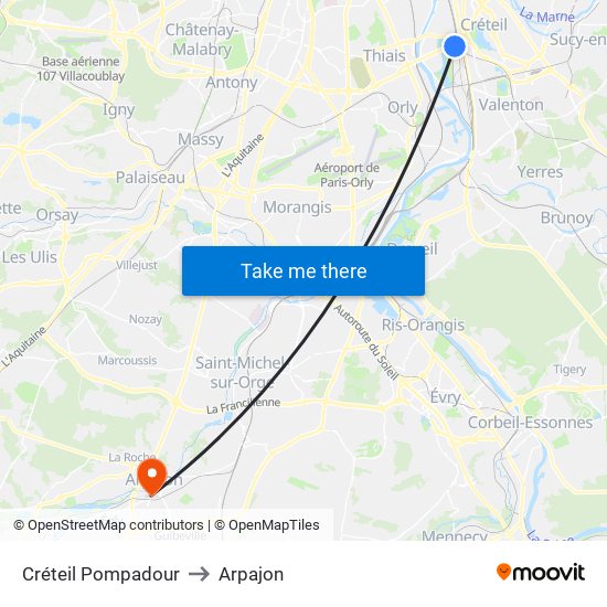 Créteil Pompadour to Arpajon map