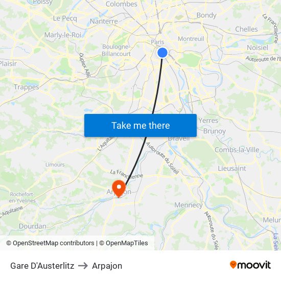 Gare D'Austerlitz to Arpajon map