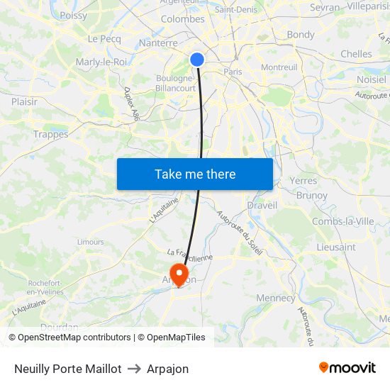 Neuilly Porte Maillot to Arpajon map