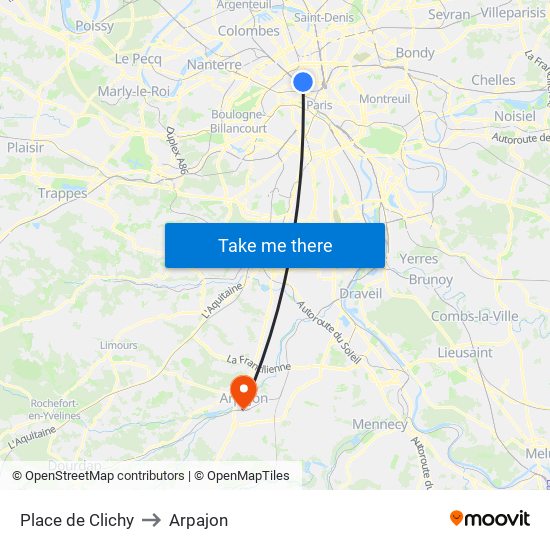 Place de Clichy to Arpajon map