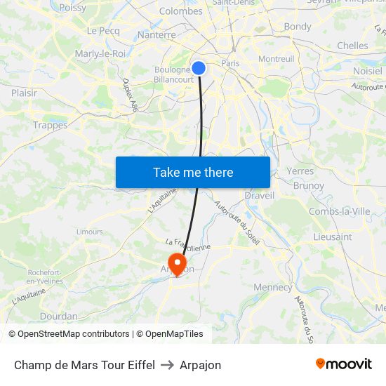 Champ de Mars Tour Eiffel to Arpajon map