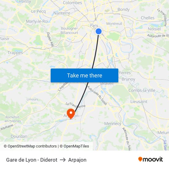 Gare de Lyon - Diderot to Arpajon map