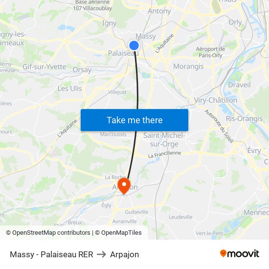 Massy - Palaiseau RER to Arpajon map