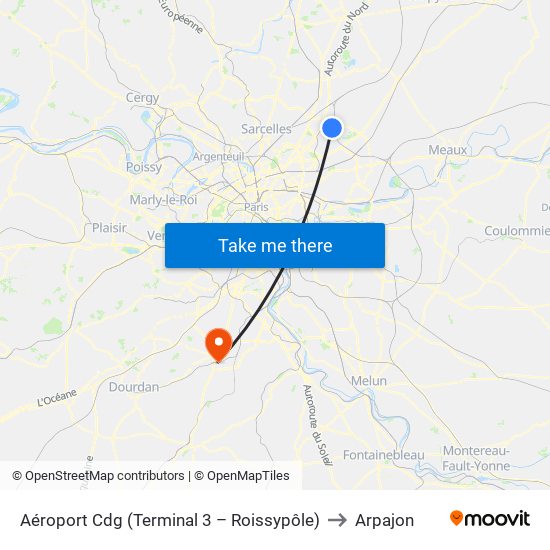 Aéroport Cdg (Terminal 3 – Roissypôle) to Arpajon map