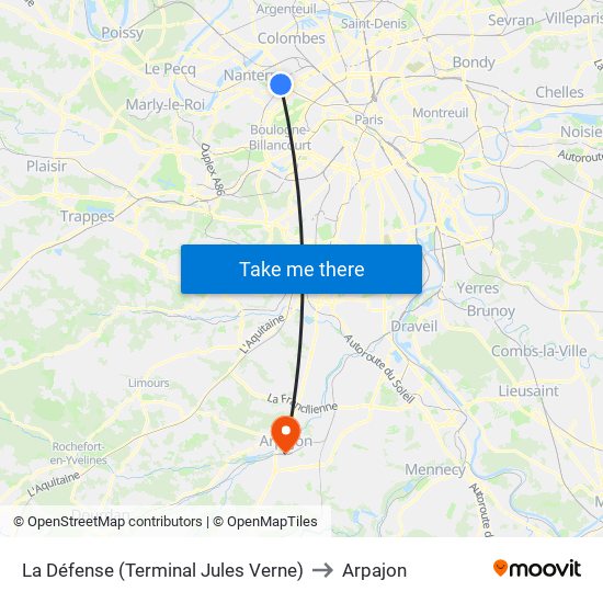 La Défense (Terminal Jules Verne) to Arpajon map