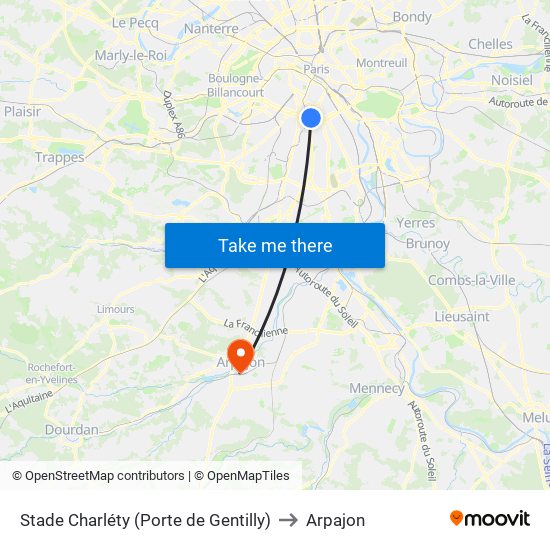 Stade Charléty (Porte de Gentilly) to Arpajon map
