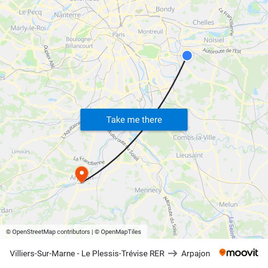 Villiers-Sur-Marne - Le Plessis-Trévise RER to Arpajon map