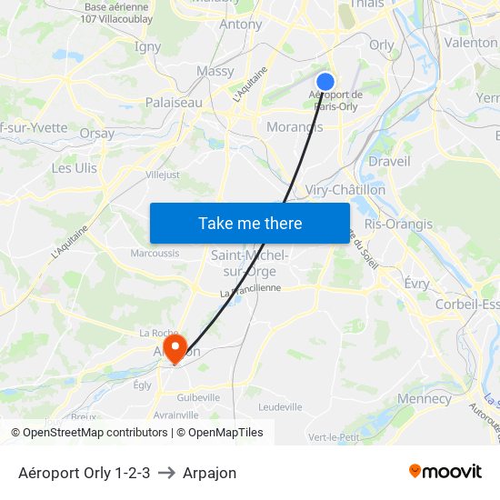 Aéroport Orly 1-2-3 to Arpajon map