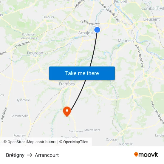 Brétigny to Arrancourt map