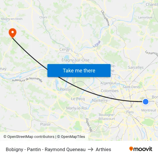 Bobigny - Pantin - Raymond Queneau to Arthies map