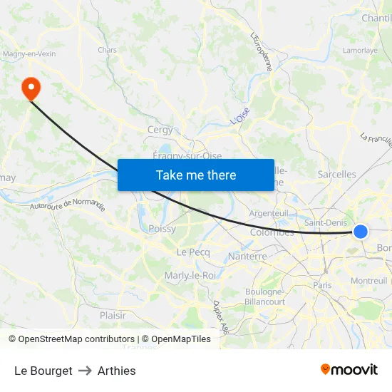 Le Bourget to Arthies map