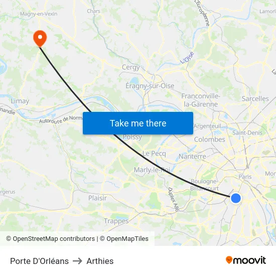 Porte D'Orléans to Arthies map