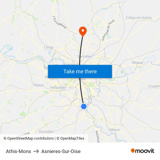 Athis-Mons to Asnieres-Sur-Oise map