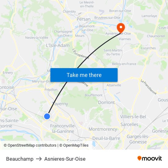 Beauchamp to Asnieres-Sur-Oise map