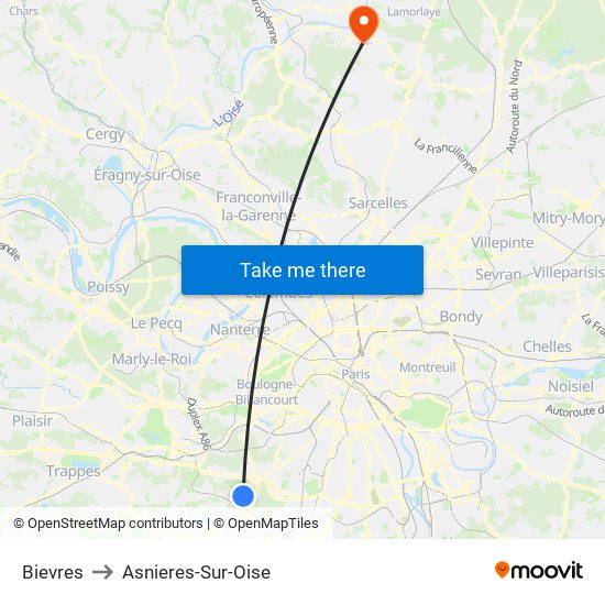 Bievres to Asnieres-Sur-Oise map