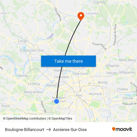 Boulogne-Billancourt to Asnieres-Sur-Oise map