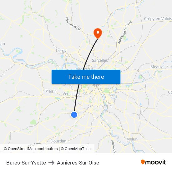 Bures-Sur-Yvette to Asnieres-Sur-Oise map