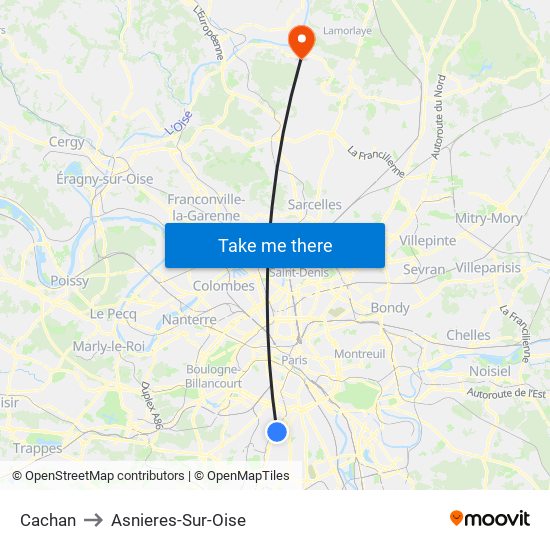 Cachan to Asnieres-Sur-Oise map