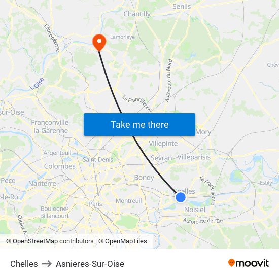 Chelles to Asnieres-Sur-Oise map