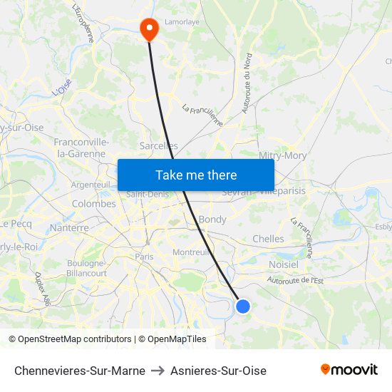 Chennevieres-Sur-Marne to Asnieres-Sur-Oise map