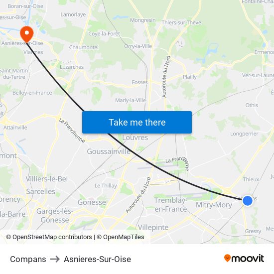 Compans to Asnieres-Sur-Oise map