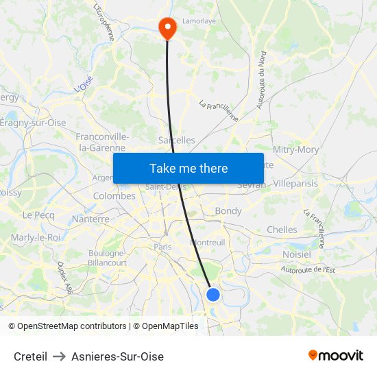 Creteil to Asnieres-Sur-Oise map