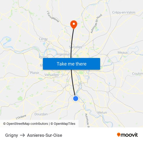 Grigny to Asnieres-Sur-Oise map