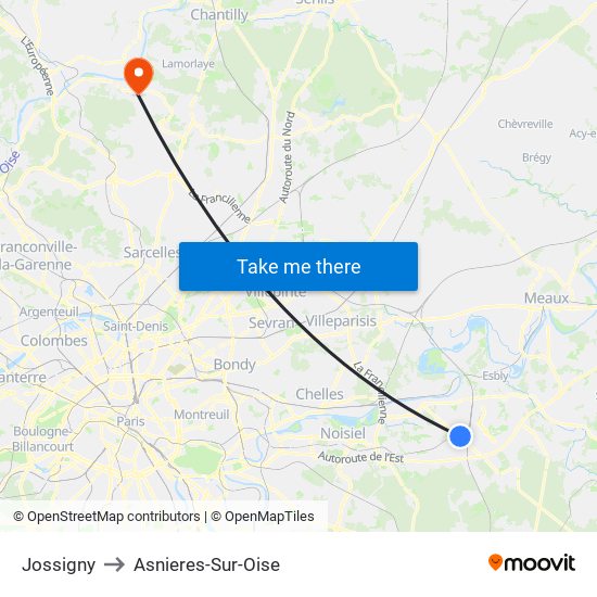 Jossigny to Asnieres-Sur-Oise map