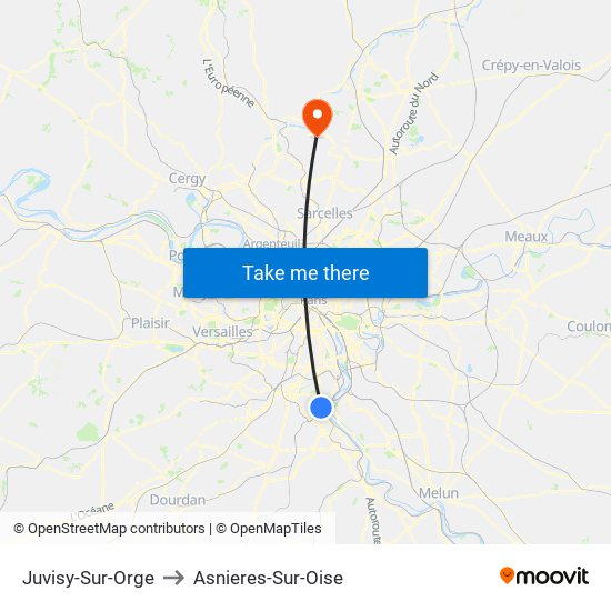 Juvisy-Sur-Orge to Asnieres-Sur-Oise map