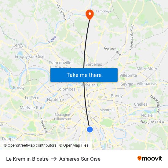 Le Kremlin-Bicetre to Asnieres-Sur-Oise map