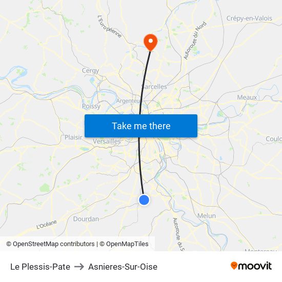 Le Plessis-Pate to Asnieres-Sur-Oise map