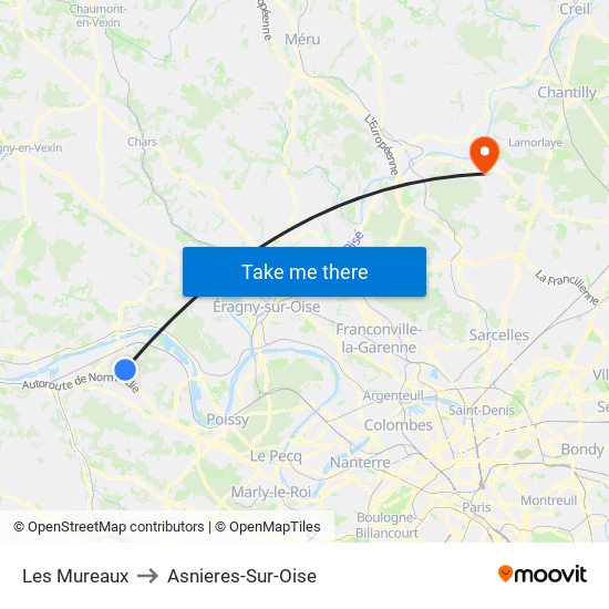 Les Mureaux to Asnieres-Sur-Oise map