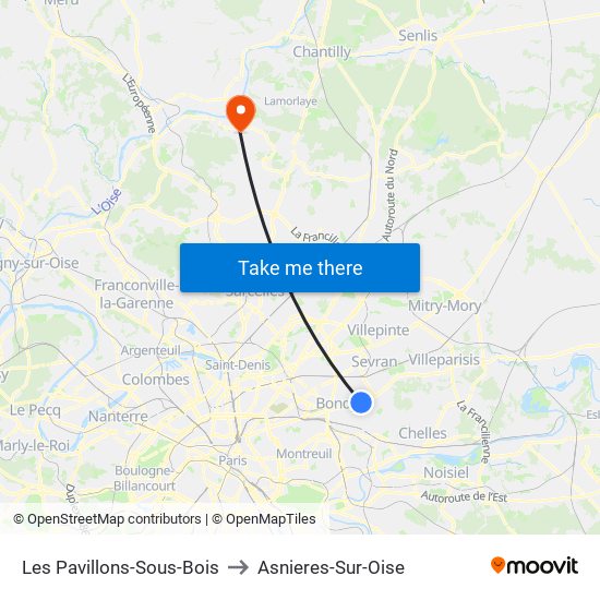 Les Pavillons-Sous-Bois to Asnieres-Sur-Oise map