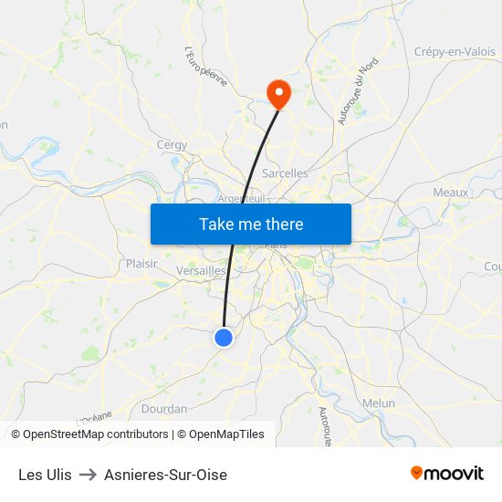 Les Ulis to Asnieres-Sur-Oise map