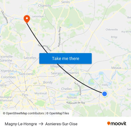 Magny-Le-Hongre to Asnieres-Sur-Oise map