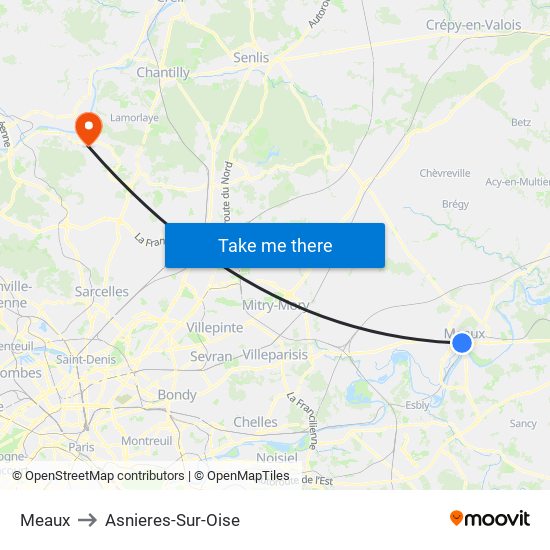 Meaux to Asnieres-Sur-Oise map